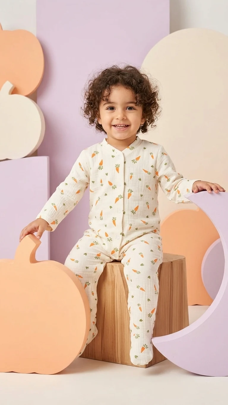 Pyjama bébé côtelé carottes — vêtement enfant NA Kids, crème