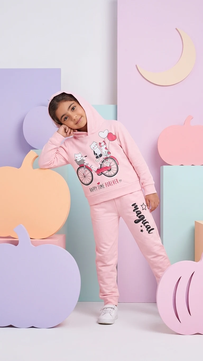 Ensemble capuche rose chats à vélo — vue 2