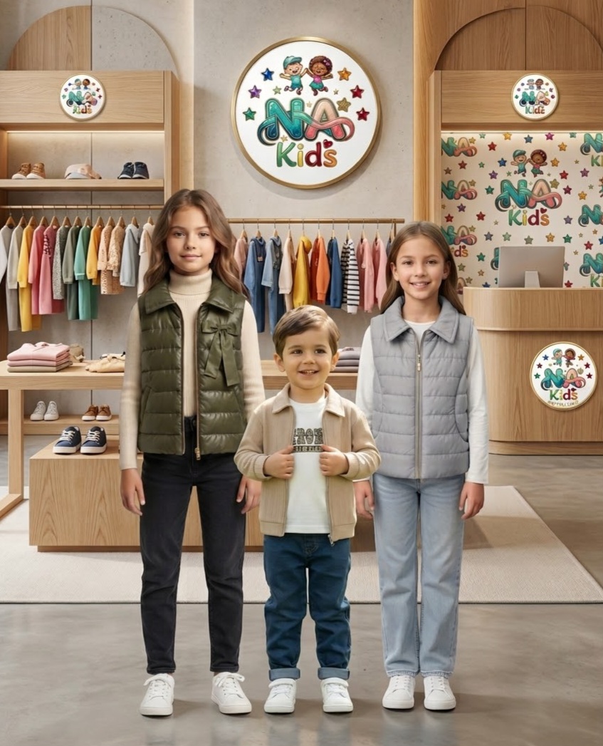 Trois enfants habillés avec des vêtements NA Kids devant la boutique à Tripoli