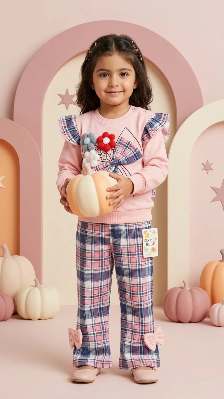 Ensemble rose à carreaux et nœud — vêtement enfant NA Kids, coloris Rose