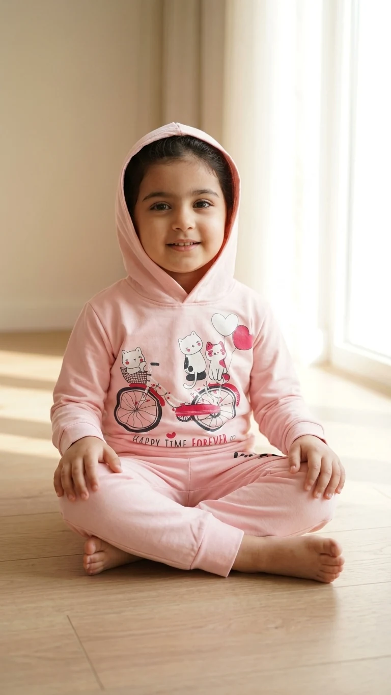 Ensemble capuche rose chats à vélo — vêtement enfant NA Kids, rose